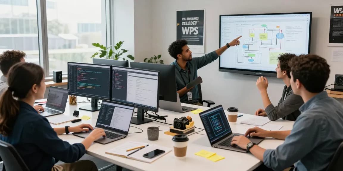 Collaborative tech workspace showcasing team at WPS Official Website brainstorming on software development.