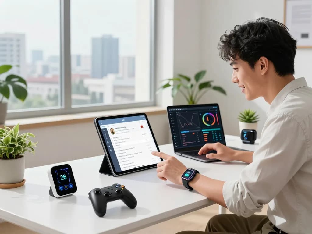 Latest tech gadgets 2066 showcased in a modern workspace, featuring innovative devices and a vibrant atmosphere.