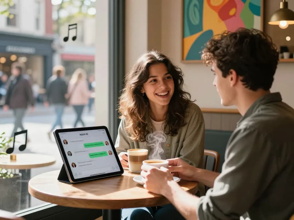 Engaging nsfw ai chat scene in an urban cafe, showing a couple discussing a digital chat on a tablet.