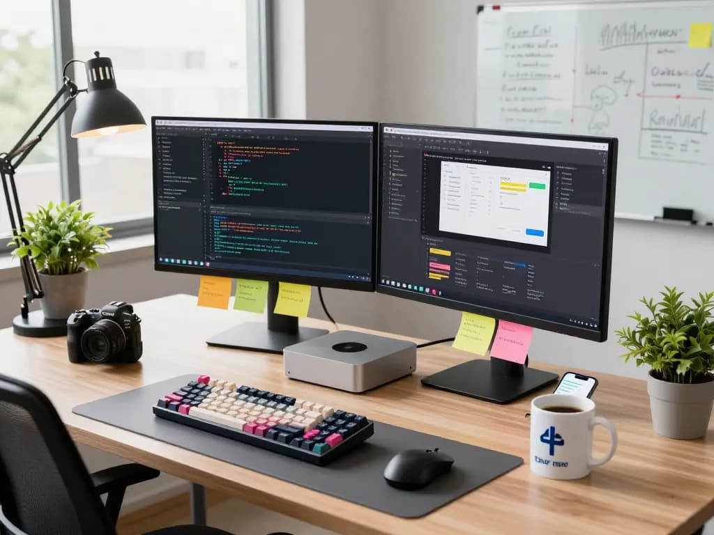 Developer using a Mac Mini in a vibrant workspace, with dual monitors and tech tools, showcasing productivity.