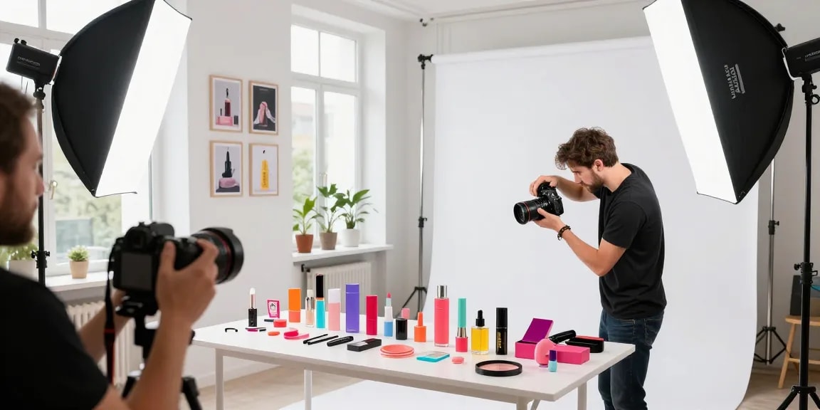 Affascinante scena in studio che mostra servizi professionali di fotografia di prodotto a Milano, con articoli diversi come cosmetici ed elettronica.