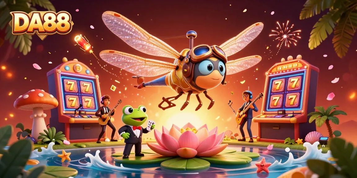 Experience exciting gameplay at DA88 with a vibrant 3D casino illustration featuring unique characters and dynamic game elements.