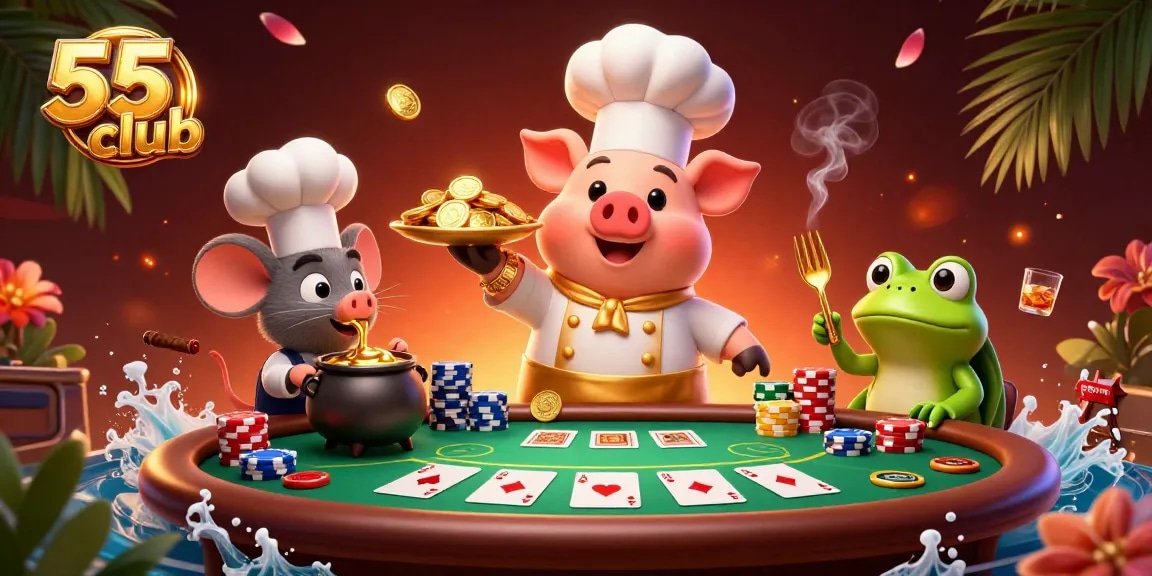 Engage with exciting games at 55club, featuring a chef pig delighting in gold coins and poker.