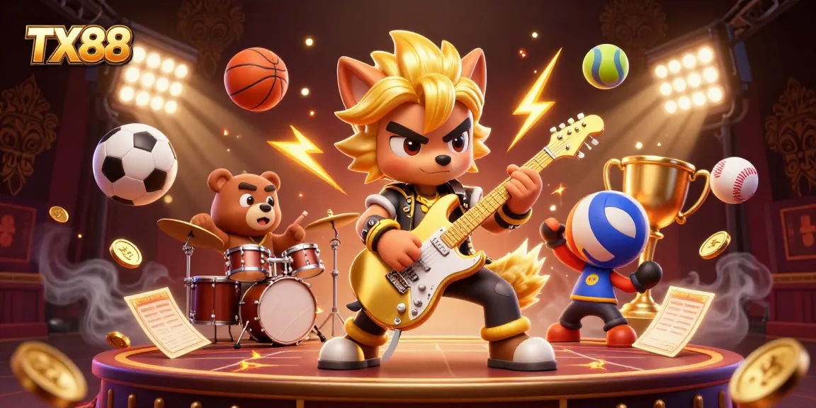 Experience thrilling action with TX88 as a wolf rock star and bear drummer perform on stage amidst flying sports elements.