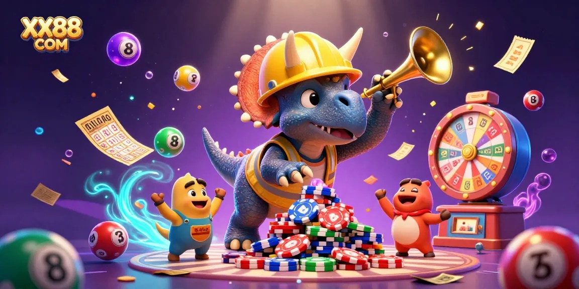 Win big at XX88 COM with vibrant lottery games and exciting casino action in this colorful illustration.
