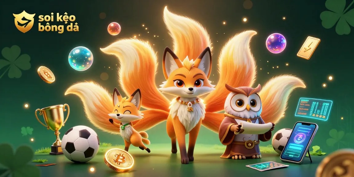 Soi kèo bóng đá with colorful fox spirit and owl sage amidst sports betting elements and crypto coins.