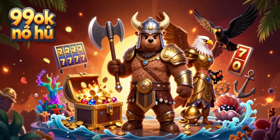 Spin the reels of 99ok nổ hũ amid a vibrant 3D casino scene with action-packed visuals.
