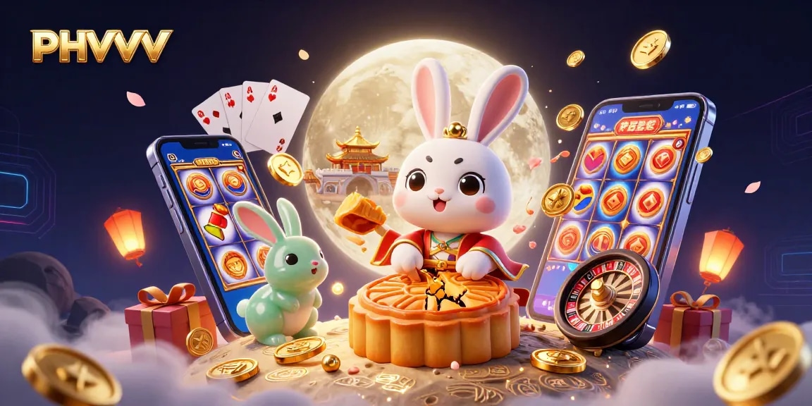 Win big with PHVVV in a vibrant scene featuring a moon rabbit, poker chips, and casino elements.