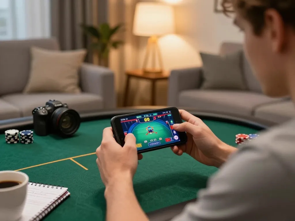 Engaging mobile poker play at cm88 with warm lighting and strategic notes in view.