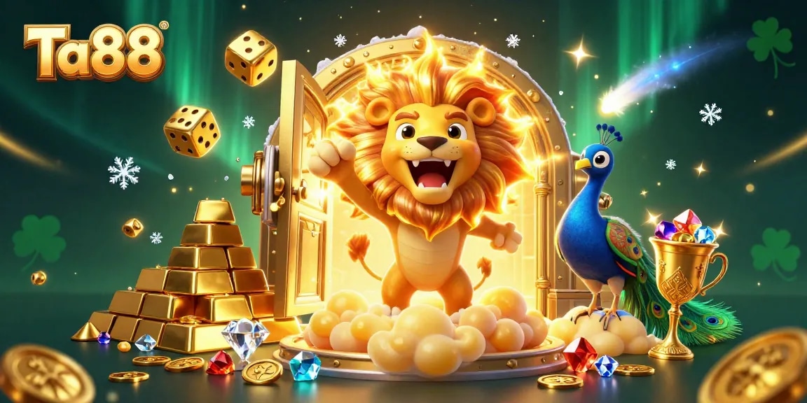 Experience the thrilling Ta88 casino adventure with vibrant visuals of the roaring sun lion and treasures.