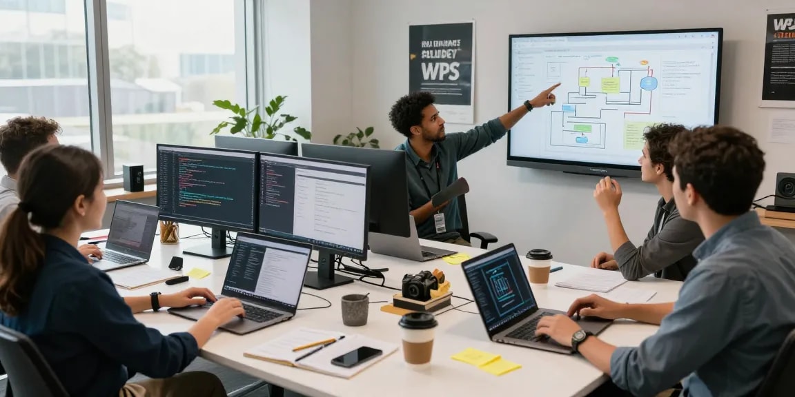 Collaborative tech workspace showcasing team at WPS Official Website brainstorming on software development.