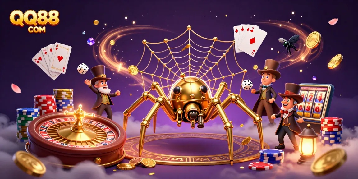 Experience thrilling gameplay with QQ88 COM's diverse online casino adventures amid golden spider webs.