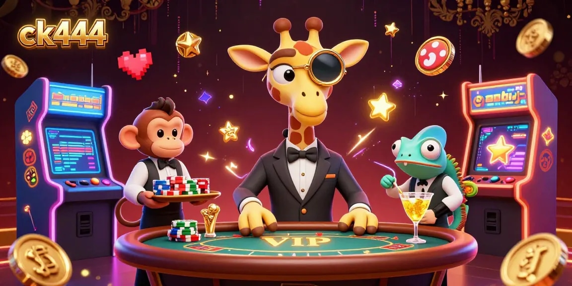 ck444 offers a thrilling gaming experience with vibrant scenes featuring a giraffe, monkey, and chameleon in a casino.