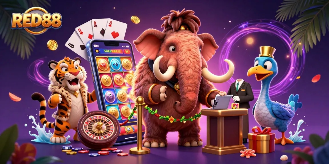 Experience thrilling gameplay at RED88 with vibrant casino characters and gaming elements.