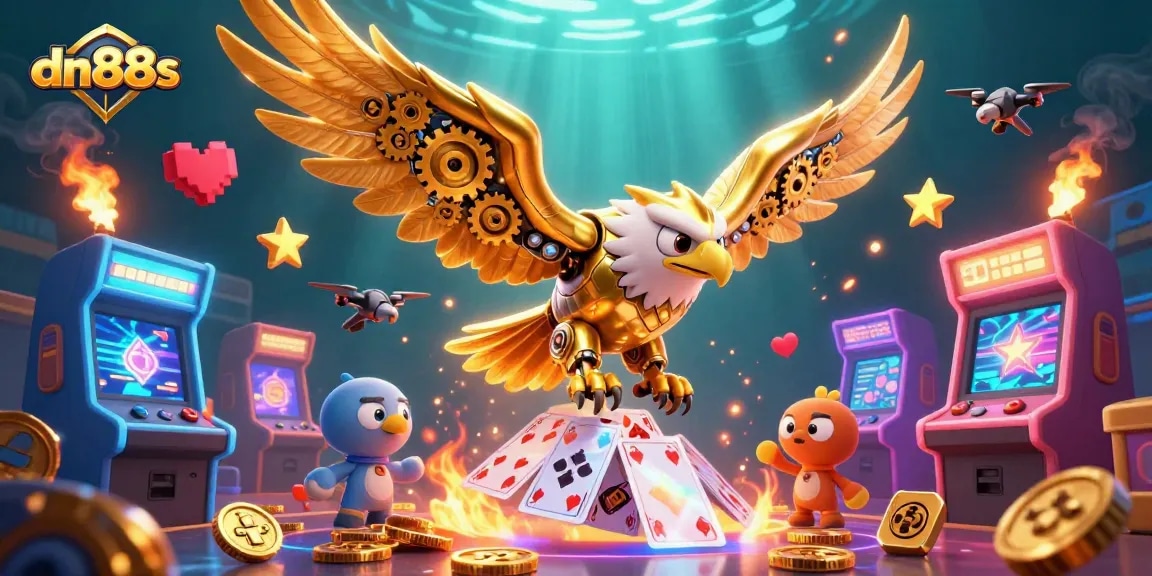 Experience the thrill of dn88s with a soaring golden eagle amidst holographic slots and casino games.