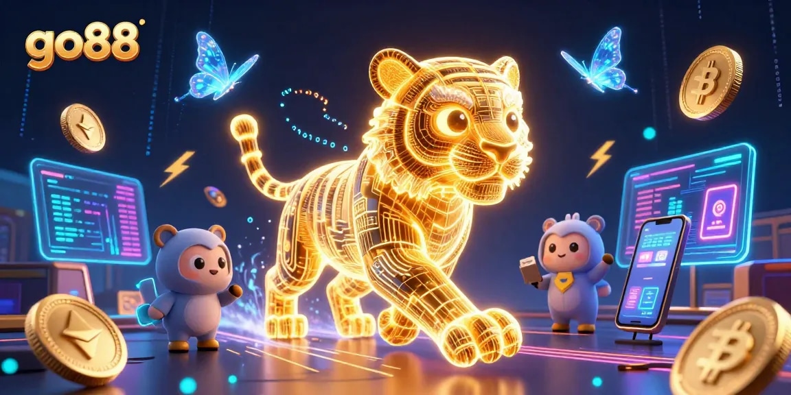Experience thrilling action at go88 with a neon-wireframe tiger amidst digital casino elements.
