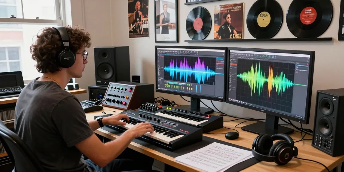 Musician using SC88 sound module in a lively music studio, showcasing modern music production tools and creativity.