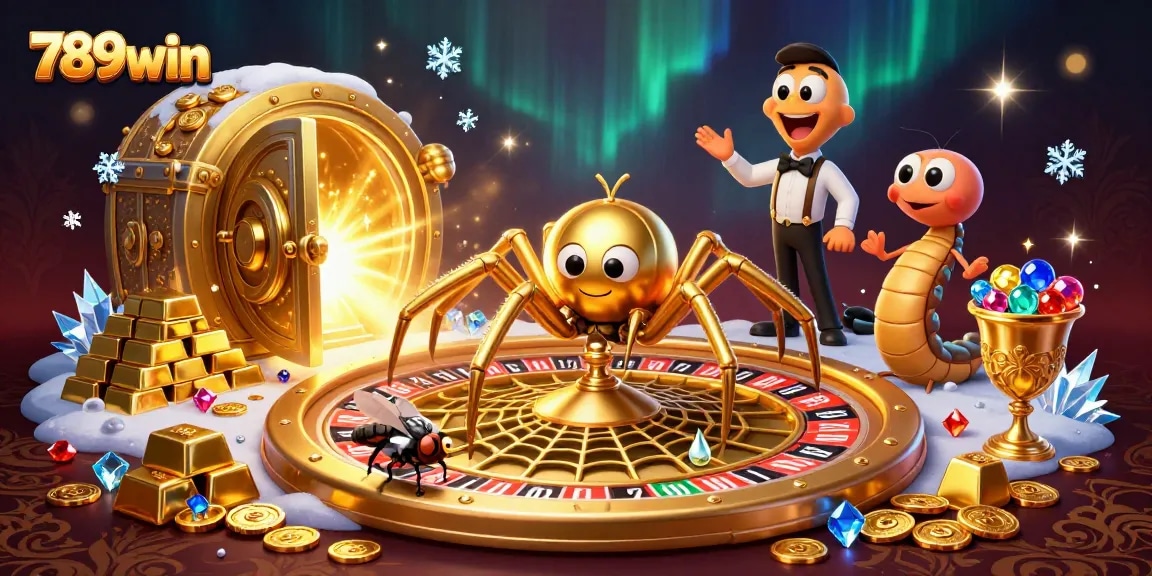 Bet at 789win's roulette wheel with a golden spider, centipede croupier, and treasure bursts!