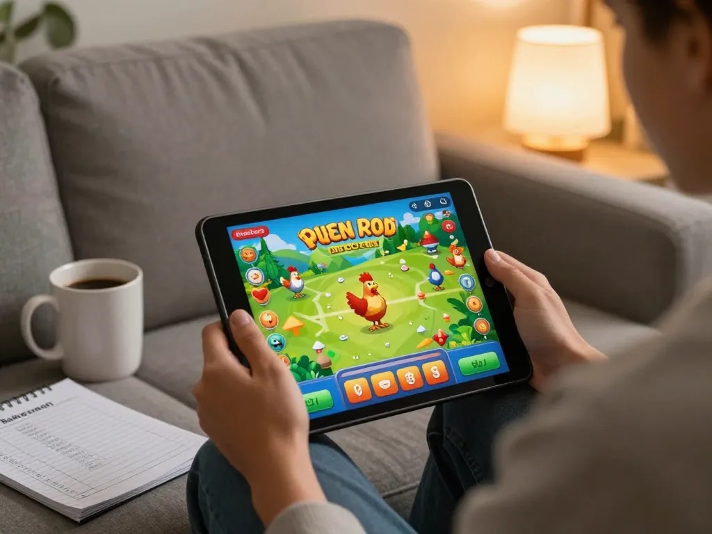 Scena coinvolgente che mostra recensioni chicken road mentre si gioca a casa con un tablet e appunti.