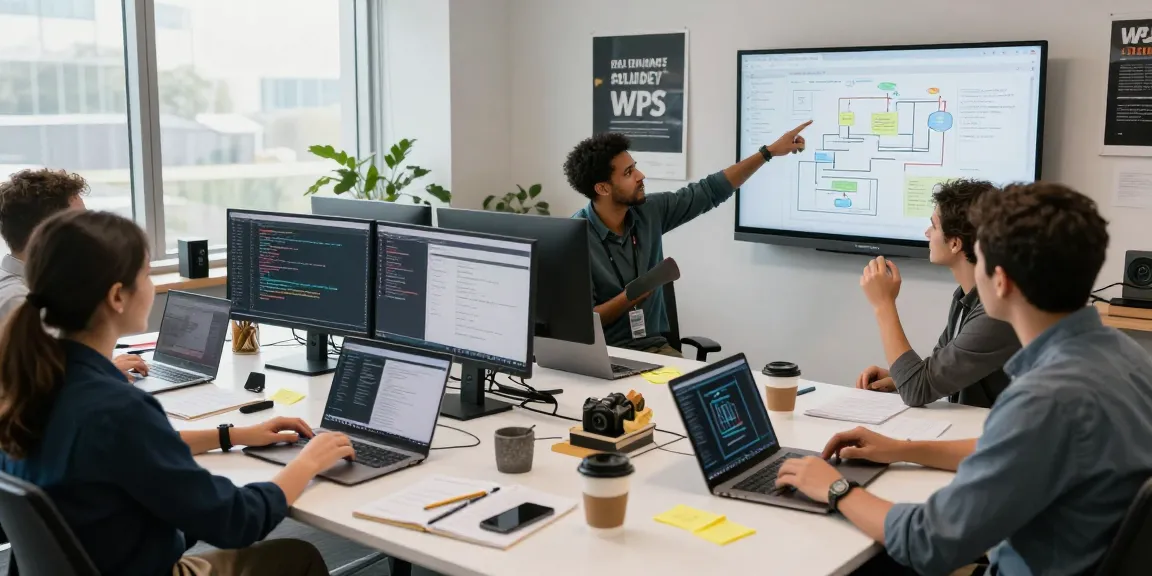 Collaborative tech workspace showcasing team at WPS Official Website brainstorming on software development.