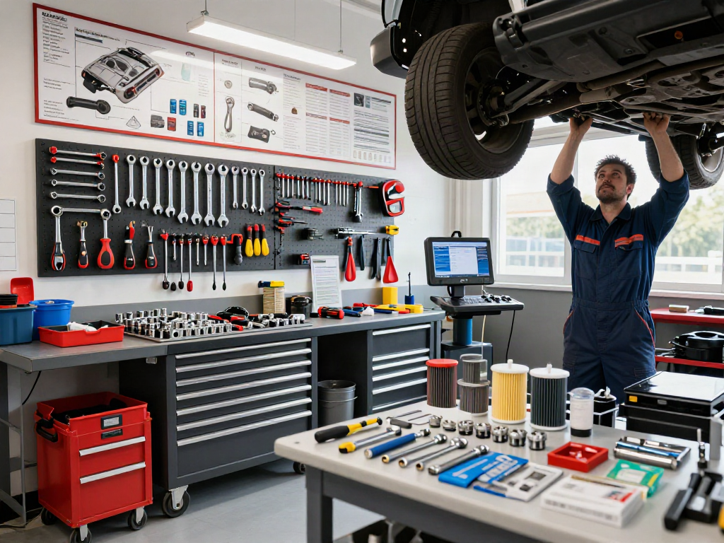 Meccanico che utilizza strumenti KS Tools in un'officina ben illuminata.