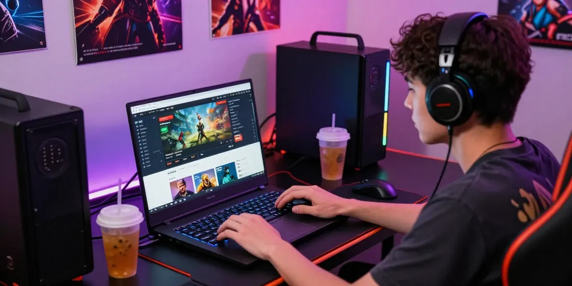 rokok88 login scene with gamer at laptop, vibrant atmosphere, immersive gaming environment