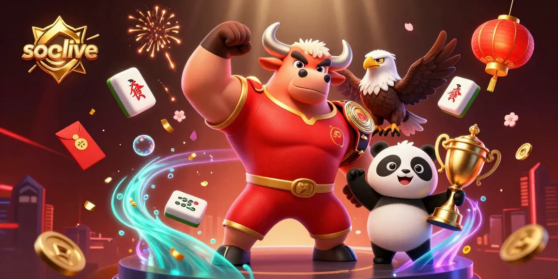 socolive showcases a victory celebration scene featuring a muscular bull, eagle, and panda in dynamic sportsbook action.