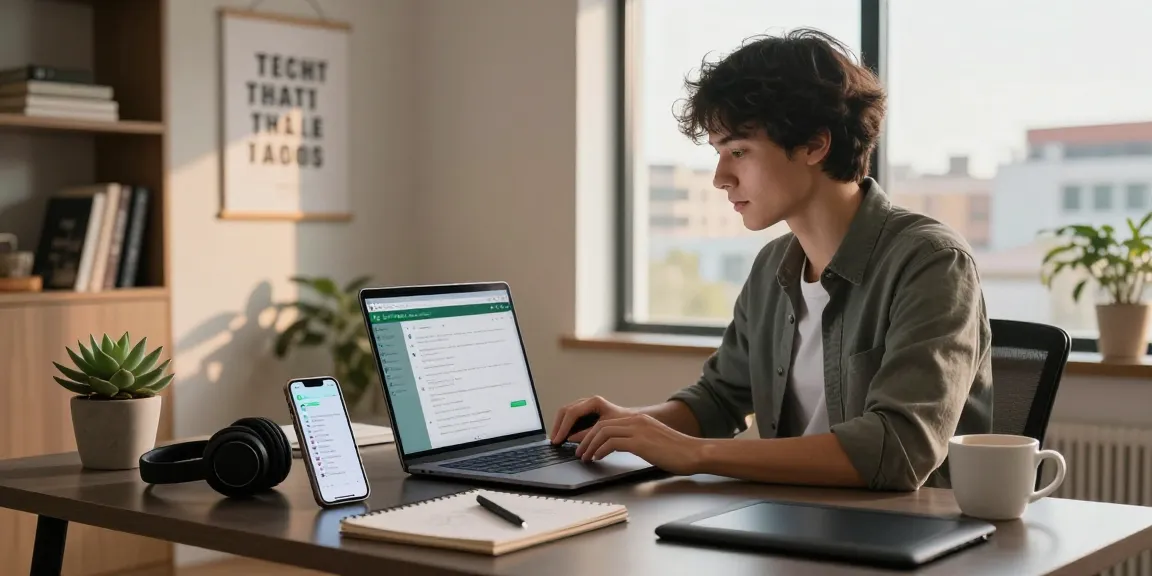 Professional using WhatsApp網頁版 in a modern home office setup with laptop and smartphone.