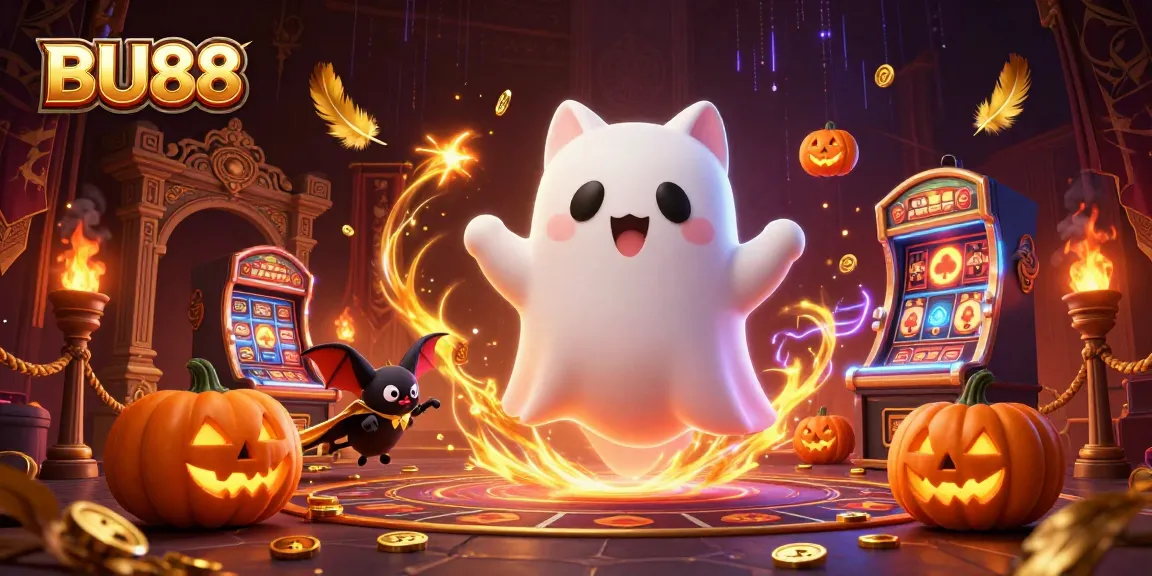 Engage with BU88 in this vibrant haunted casino illustration featuring a ghost cat and vampire bat.