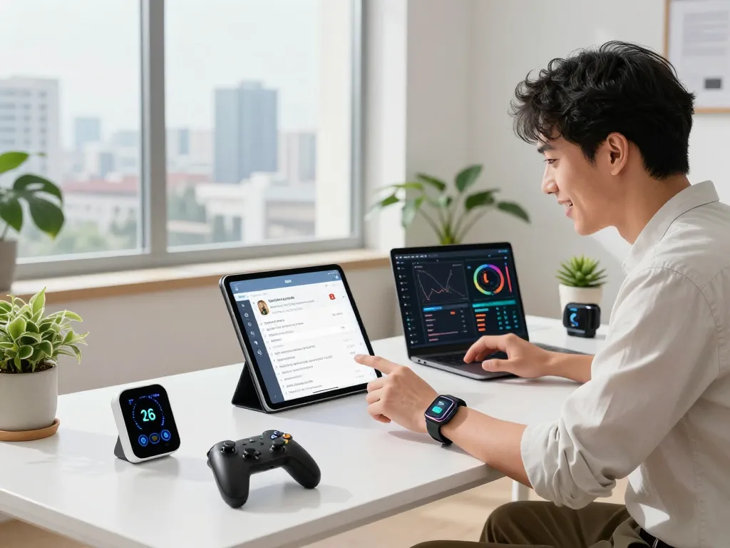 Latest tech gadgets 2066 showcased in a modern workspace, featuring innovative devices and a vibrant atmosphere.