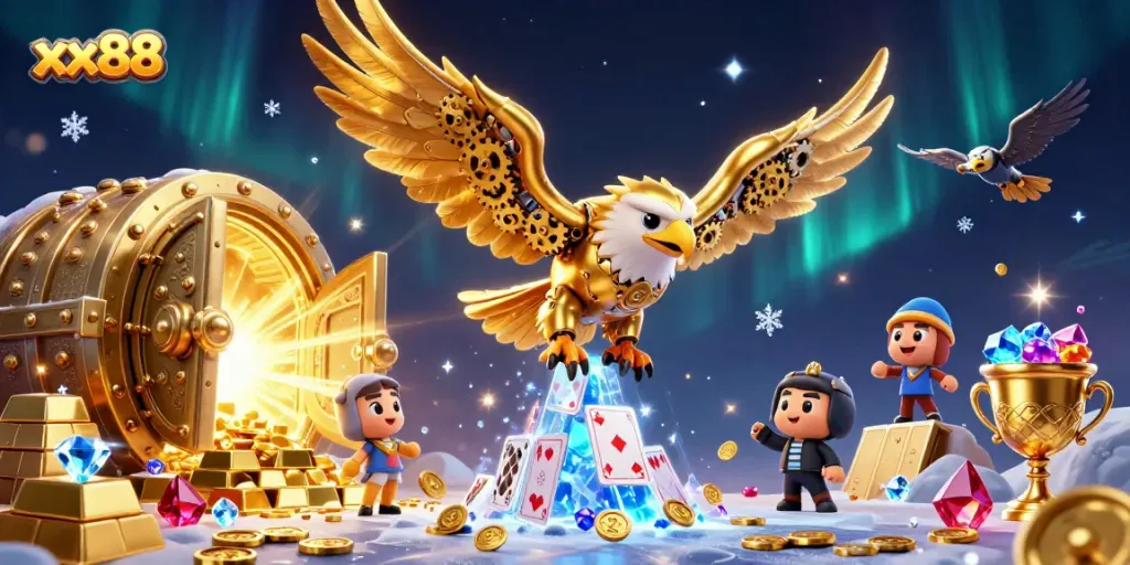 Experience thrilling wins with xx88 at a dynamic casino scene featuring a golden eagle and treasure.
