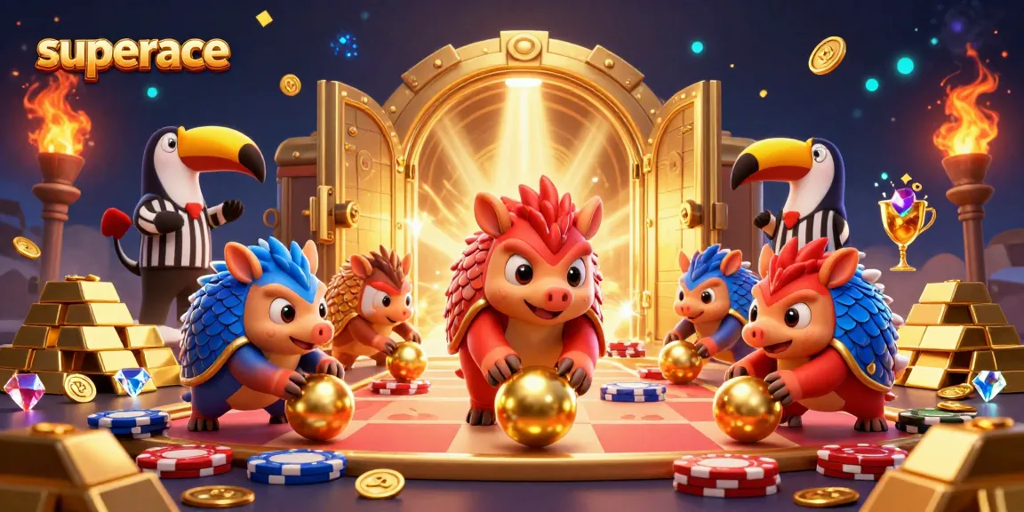 Experience thrilling gaming with Superace as rival pangolins roll through stacks of poker chips.