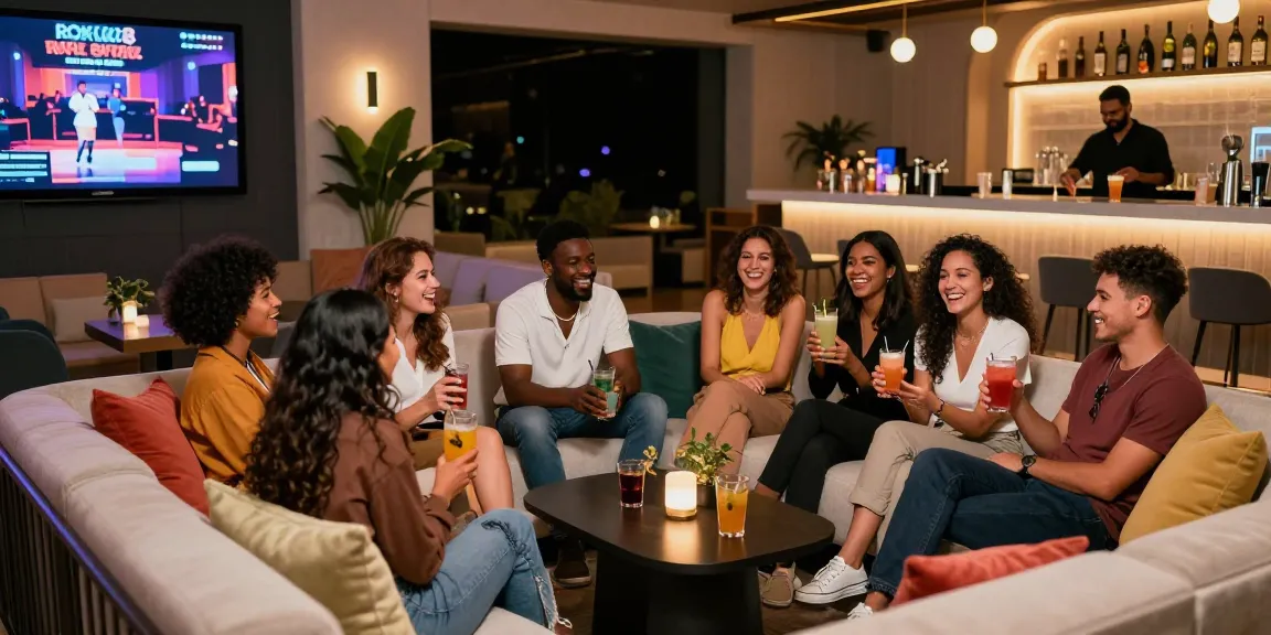 Friends enjoying drinks at a modern lounge featuring rokok88 super entertainment.