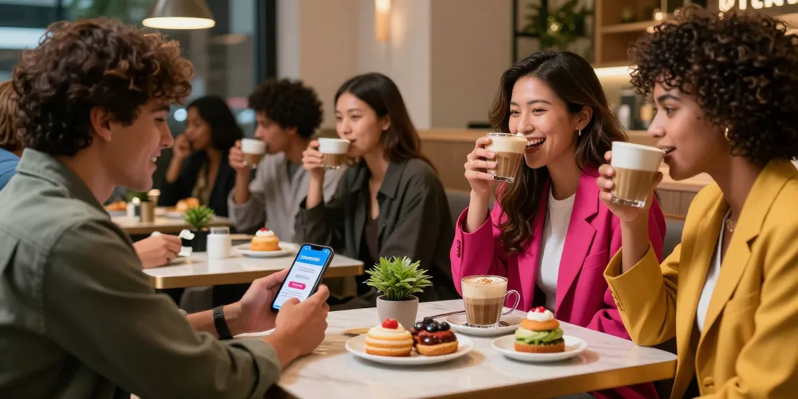 Group of friends at trendy café sharing rokok88 app discounts while enjoying stylish urban lifestyle.