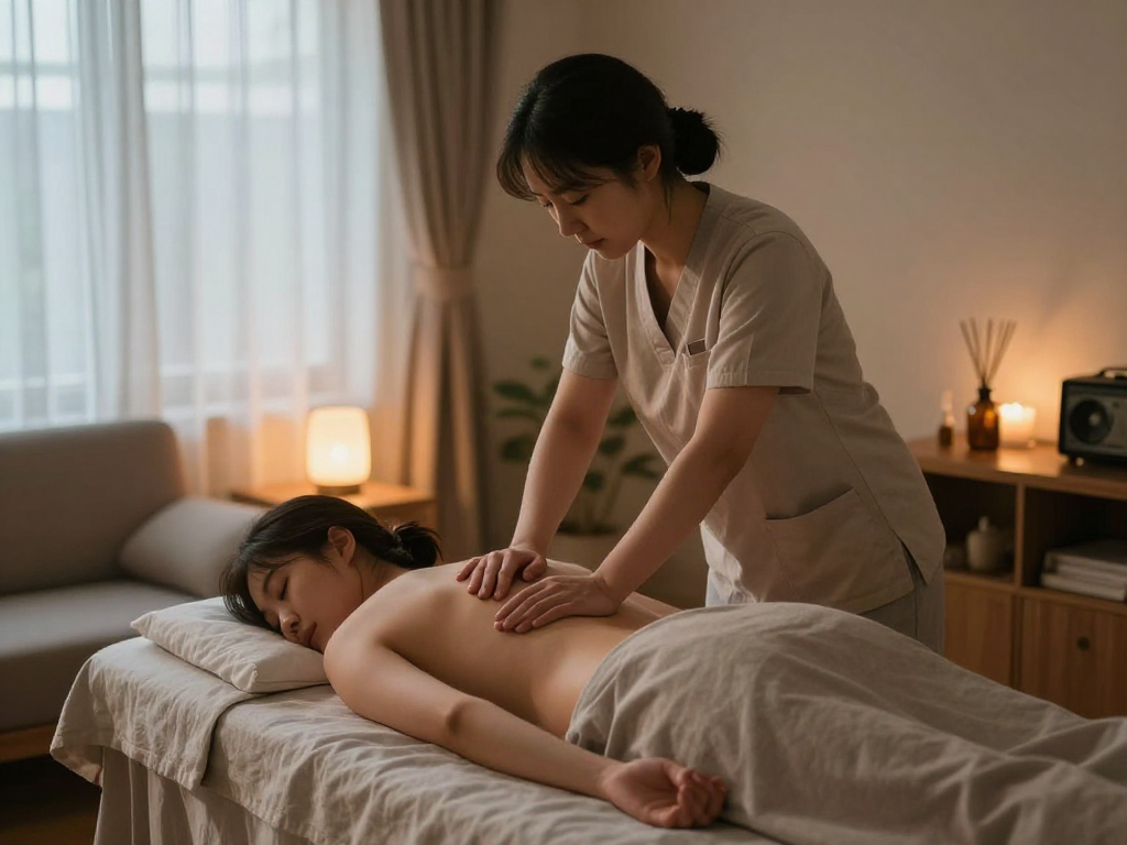 Relaxing home massage scene showcasing 일산출장마사지 with a professional therapist in a cozy living room setting.