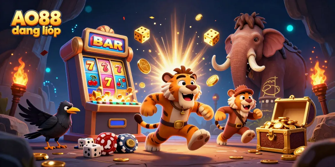 Win big at AO88 đăng nhập with a vibrant 3D rendering of a caveman and tiger duo running a prehistoric casino.