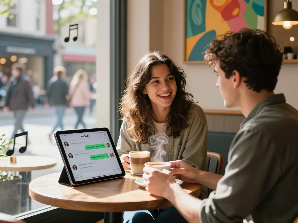 Engaging nsfw ai chat scene in an urban cafe, showing a couple discussing a digital chat on a tablet.
