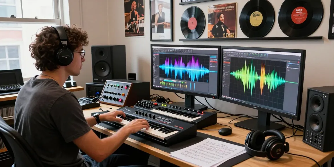 Musician using SC88 sound module in a lively music studio, showcasing modern music production tools and creativity.