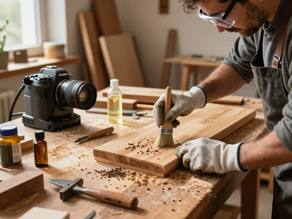 Artigiano che tratta mobili in legno infestati da tarli del legno come eliminarli utilizzando rimedi naturali in un laboratorio illuminato dal sole.