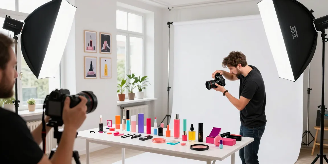 Affascinante scena in studio che mostra servizi professionali di fotografia di prodotto a Milano, con articoli diversi come cosmetici ed elettronica.