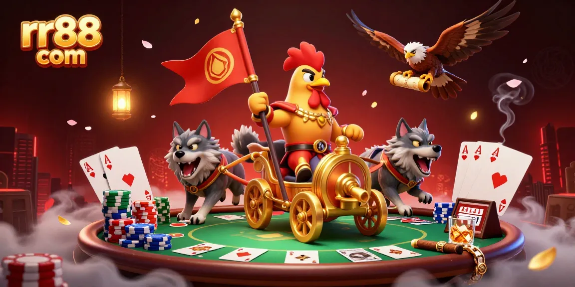 Engage with rr88 com's lively casino world featuring a dynamic rooster warlord amidst poker elements and vibrant details.
