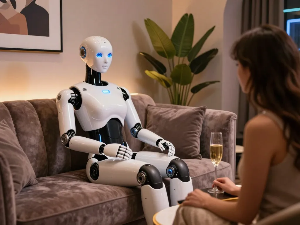 Interactive sex bot in a luxurious lounge setting, showcasing advanced AI features and intimate atmosphere.