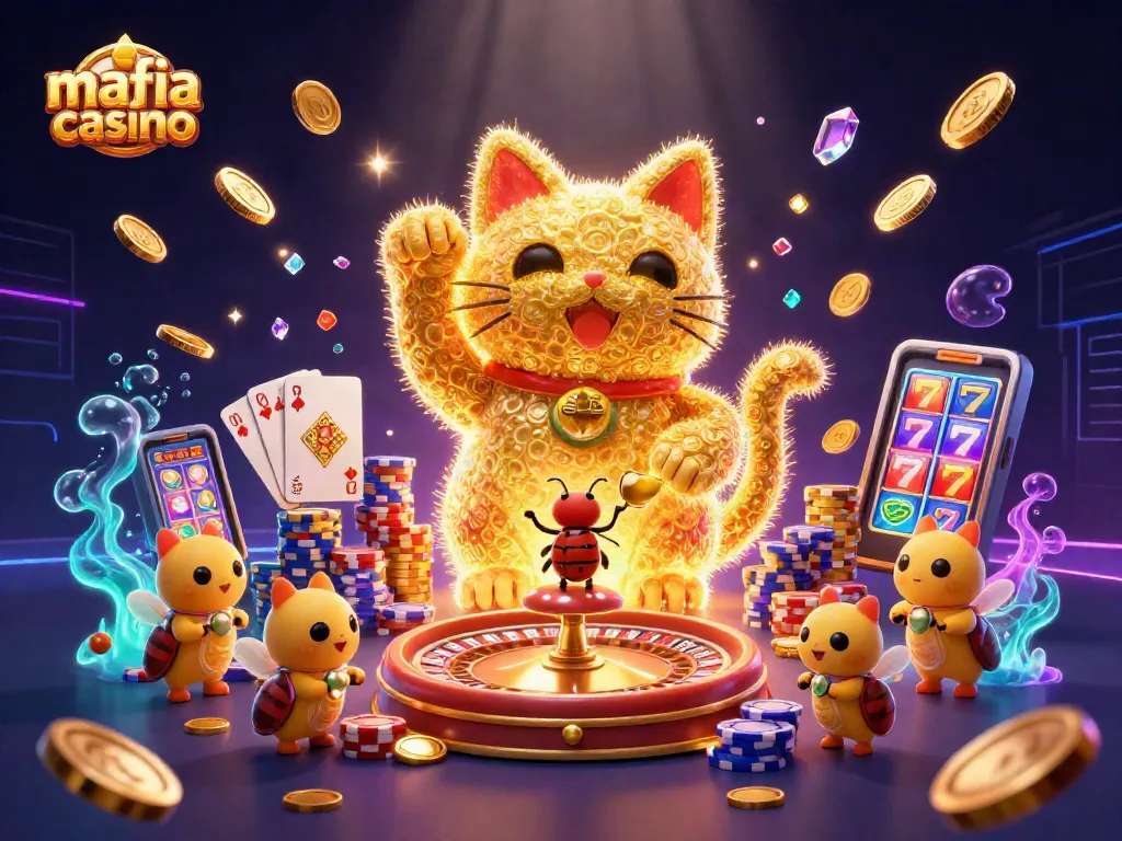 Mafia casino showcases vibrant cartoon elements, golden fireflies, and casino symbols in action.