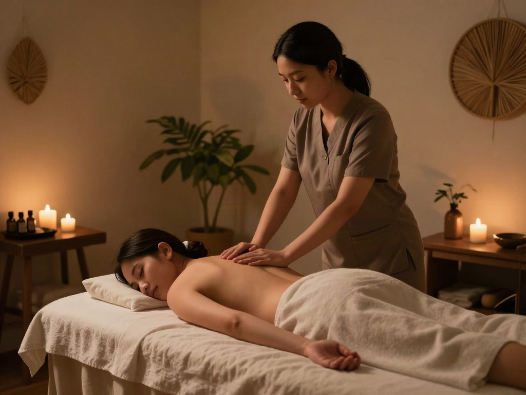 Relaxing 주안출장마사지 therapy session in a tranquil spa environment with essential oils and warm ambient lighting.