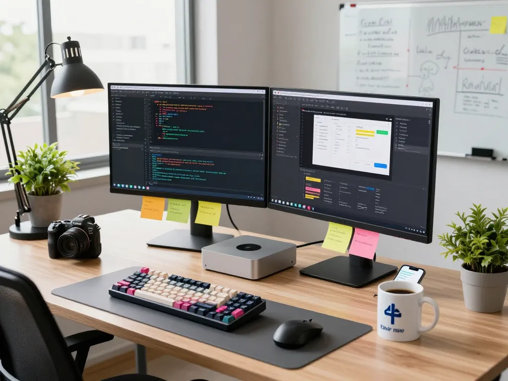 Developer using a Mac Mini in a vibrant workspace, with dual monitors and tech tools, showcasing productivity.