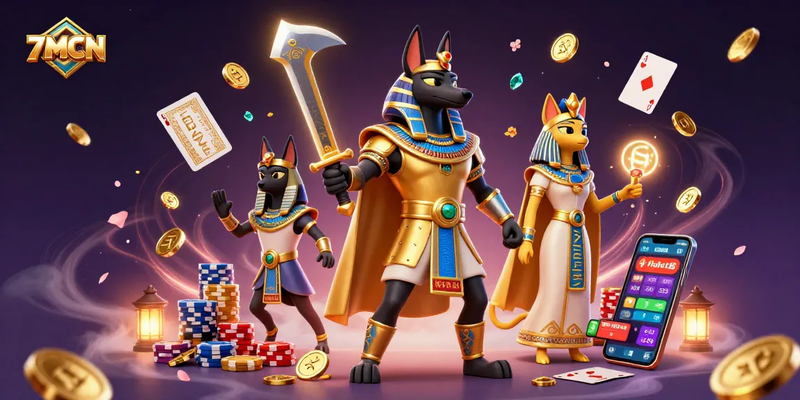 Bet on sports with 7MCN, featuring Anubis and Bastet amidst dynamic casino elements.