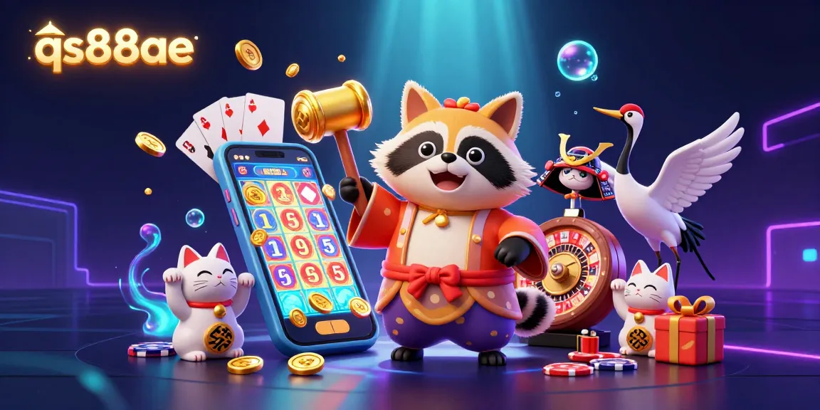 Engage with qs88ae's vibrant world of gaming featuring a cheerful tanuki and colorful symbols.