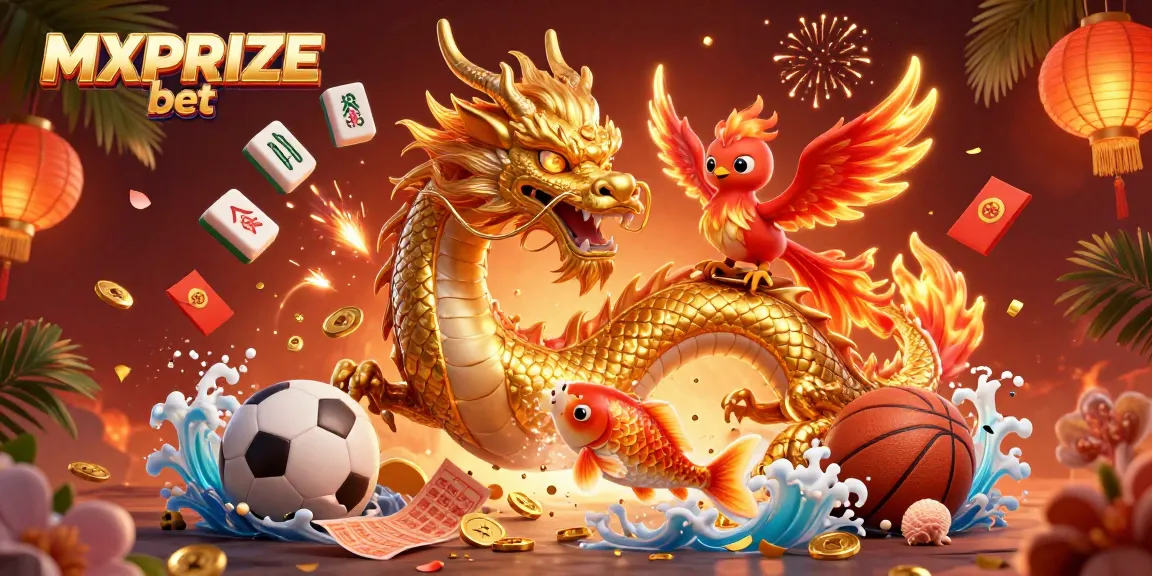 Experience thrilling sports betting with MXPRIZE bet and engaging visuals of a dragon, phoenix, and koi fish.