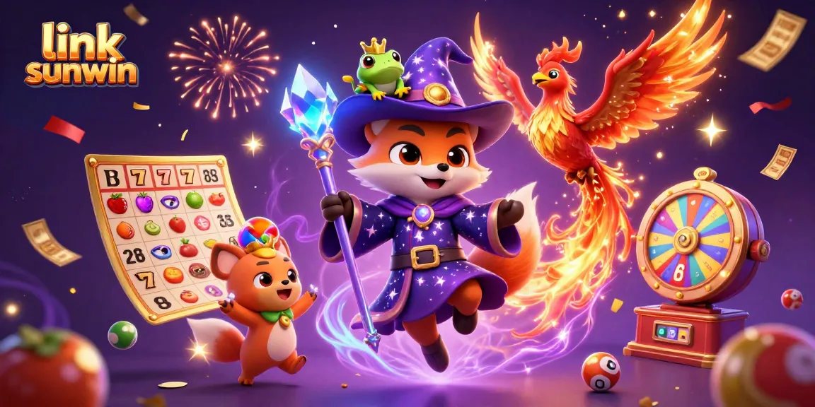 Join the excitement at link sunwin with a vibrant and dynamic slot game scene showcasing a mystical wizard fox and phoenix.
