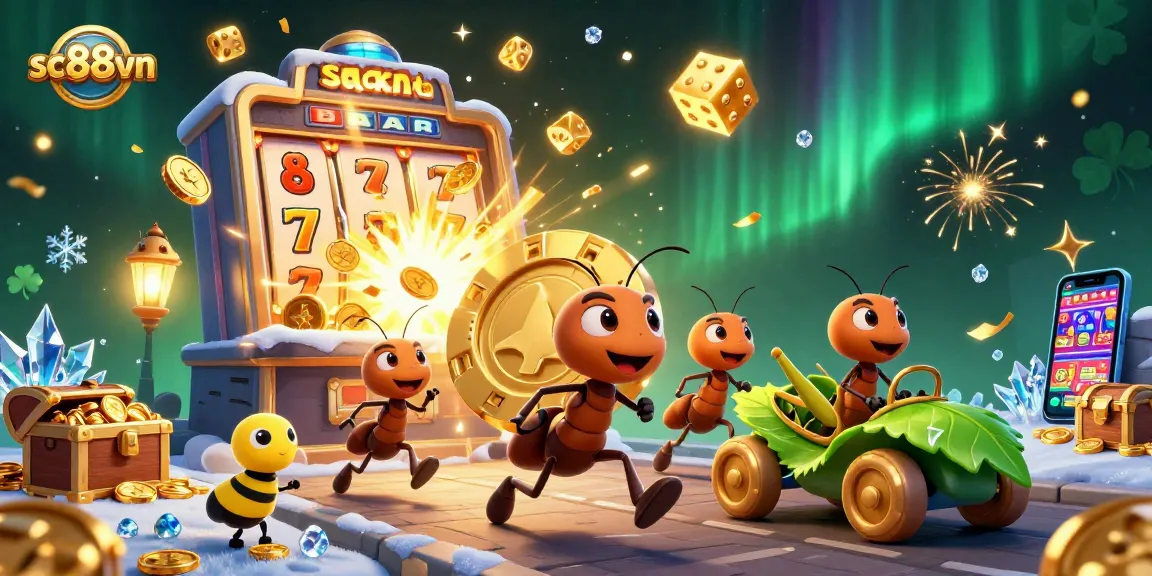 Engage with the exciting sc88vn casino heist as ants navigate with a giant poker chip amidst vibrant jackpot chaos.
